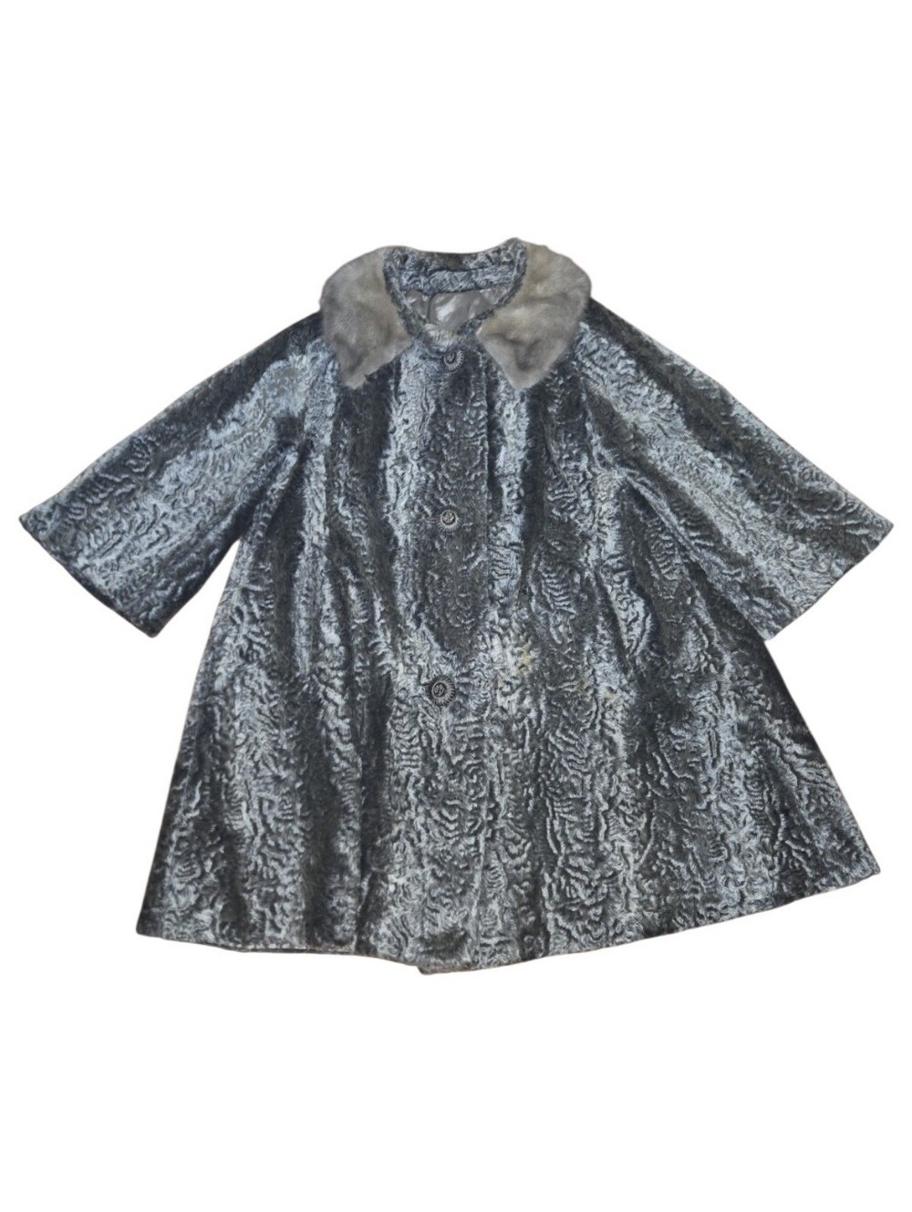Vintage Gray Bacara Faux Fur Swing Coat with Contrast Collar